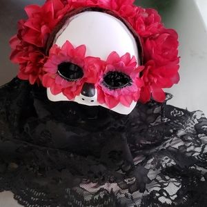Redish/pink day of the dead mask with black veil